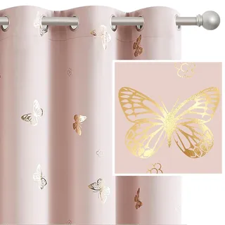 Treatmentex Verdunklungsvorhänge mit Gold Schmetterling Druck Blickdichte Gardinen mit Ösen für Kinderzimmer Mädchenzimmer Schlafzimmer Dekoschal 2er Set 180x140cm(H×B) Rosa