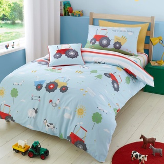 Bedlam - Bauernhof-Bettwäsche-Sets – Einzelbettgröße (200 x 140 cm) – Bauernhoftiere & BAU-Traktor-Bettwäsche – wendbares Design – Farmyard Friends Kollektion, Blau