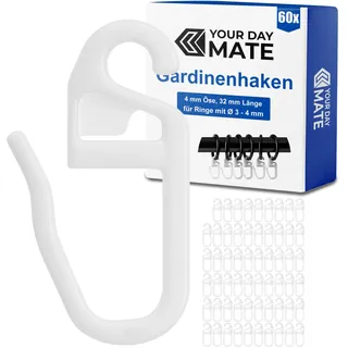 Vorhanghaken für Gardinen Ringe, 60 Stück, mit Ø 4 mm Öse, für Gardinenringe mit 3 bis 4 mm, in Weiß, Gardinenringe Haken zum Einhängen, Faltenlegehaken für Vorhangringe, Vorhang Haken Clip Set