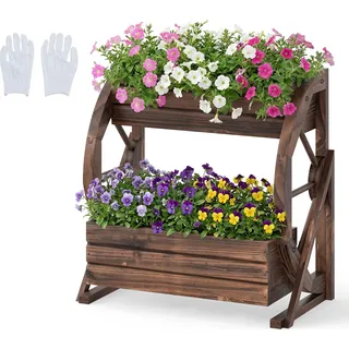COSTWAY Blumenkasten, Hochbeet Holz, Pflanzkübel mit Wagenrad, 2 Etagen, Ablauflöchern&Halbrädern, Blumenbeet Gartenbeet, rustikal Deko 56x33x56,5cm - Braun