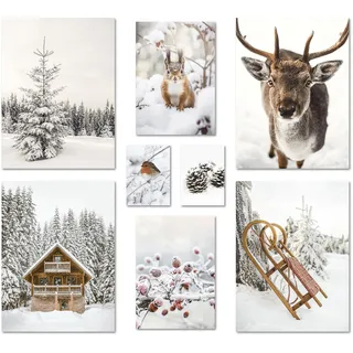 ARTFAVES® Poster Set - WINTER WONDERLAND - mehrteilige Wanddeko Wohnzimmer & Schlafzimmer - 8 moderne Wandbilder Weihnachten, Schnee, Reh - ohne Bilderrahmen