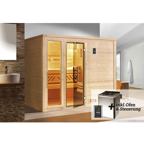 Bild von Massivholzsauna »Bergen«, (Set), 7,5 kW Bio-Ofen mit digitaler Steuerung, beige