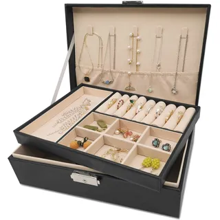 Pahajim Schmuckaufbewahrung für Damen, Schmuckkästchen 2 Stöckige Schmuckkasten PU Leder Schmuckschatulle Jewelry Organizer Schmuckbox für Ringe, Ohrringe, Ohrstecker, Ketten
