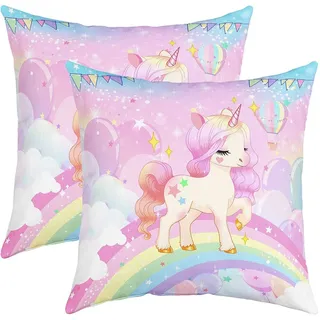 Einhorn Kissenbezug Kissenhülle Kissenbezüge 40x40cm 2er Set Kissenbezüge Weich für Kinder Traumhaft Pferd Dekorative Sofakissen Couchkissen Einhorn Glitzer Regenbogen Rosa Lila Dekokissens