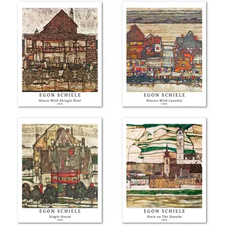 Berkin Arts Kunstdruck Ungerahmt Landschaft Bilder Set von 4, Poster Größe: 20x25 cm Premium Kunstpapier Wanddeko Vintage Beige Künstlerisch Abbildung Passenden Home Deko Egon Schiele Paintings