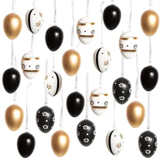Ostereier-Anhänger, 24er Set: Kleine Osteranhänger aus Plastik, Osterdeko zum Aufhängen, Deko Ostern, Für Osterstrauch, Frühlingsdeko, Schwarz, Weiß & Gold, Modern, Indoor Osterschmuck hängend, 4 cm