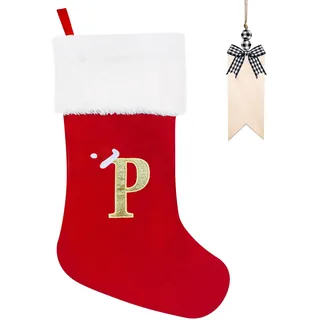 Weihnachtsstrumpf Personalisiert 50cm Großer Nikolausstrumpf mit Buchstaben Plüsch Stockings Hängender Weihnachtsmann mit Namensschild Ornamente Weihnachtsdekorationen für Weihnachtsbaum und Heim (P)