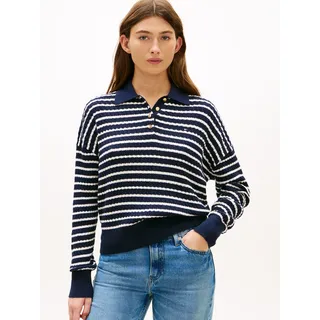 Strickpullover TOMMY HILFIGER "CO CABLE FINE GG RLXD POLO SWT", Damen, Gr. M (40), blau (schwarz night navy, ivory petal stp), Strick, Obermaterial: 100% Baumwolle, gestreift, relaxed fit, Pullover Strickpullover, mit Zopfmuster