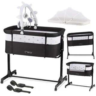 MOMI REVO Multifunktions-Beistell- und Kinderbett, 6-stufig höhenverstellbar von 72 bis zu 82 cm, mit Rollen, inkl. Matratze, Befestigungsgurte, Insektenschutz und Bügel mit Spielzeugen