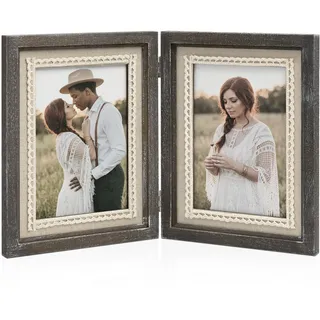 Afuly Landhaus Bilderrahmen 13x18 2er Collage Natur Holz Fotorahmen | Tisch oder Wand, Hoch- oder Querformat, Leinenoptik; Geburtstags- oder Jubiläumsgeschenk für Mama, Oma und Familie
