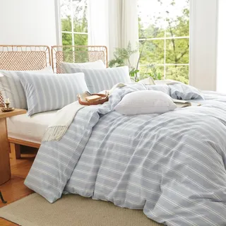 Lanqinglv Bettwäsche 155x220 Baumwolle Gestreift Blau Weiß,Leinenoptik | ÖKO-TEX Zertifiziert,für Allergiker,4 Jahreszeiten Set,Atmungsaktiv Bettbezug und 1 Kissenbezüge 80x80 mit Reißverschluss