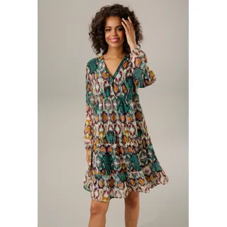 Tunikakleid ANISTON CASUAL, Damen, Gr. 40, N-Gr, bunt (sand, petrol, smaragd, schwarz, flieder, ocker, bordeaux, lachs), Georgette, Obermaterial: 100% Polyester. Futter: 100% Polyester, bedruckt, gemustert, lässig geschnitten kniefrei, V-Ausschnitt, elastischer Bund mit Gummizug, Kleider Tunikakleid, mit farbenfrohem Ethno-Druck - jedes Teil ein Unikat