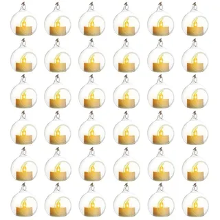 Sziqiqi Glaskugeln zum Aufhängen Teelichthalter Kerzenhalter, 6cm, 36er Set | mit LED, Transparente, Befüllbare Windlicht Glas, für Teelichter, für Hochzeit, Garten, Weihnachten, Valentinstag, Tisch Deko