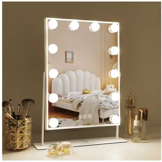 FENCHILIN Hollywood Spiegel Schminkspiegel mit Beleuchtung 12 dimmbare LED Lampen 360° Drehbar Kosmetikspiegel mit 3 Lichtfarben 10x Vergrößerung Touch-Steurung Weiß 30x41 cm