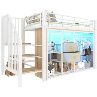 Stilvora Hochbett 90/200 cm in Weiß mit 2 Schubladen, offenem Kleiderschrank und Led , Metall, Holzwerkstoff , 90x200 cm , Babymöbel & Kindermöbel, Kinderzimmer & Jugendzimmer, Kinderbetten, Hochbetten