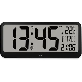 ADE Sehr große Digitale Wanduhr mit XXL-Ziffern | Funkuhr mit Kalender | perfekt für Büro, Großraum, Werkstatt, Senioren | Thermometer & Alarm | Tischuhr schwarz