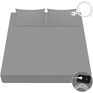 VigorVortex Erdungs-Spannbetttücher 90% Bio-Baumwolle und 10% Silberfaser Erdungsbettlaken mit EU Erdungskabel für Besseren Schlaf 200x200cm Grau
