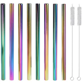 Wiederverwendbare Bubble Tea Strohhalme aus Metall, 8 dicke Edelstahl-Trinkhalme mit 2 Reinigungsbürsten für Boba Bubble Tea Milkshake, 12 mm extra breit, mehrfarbig