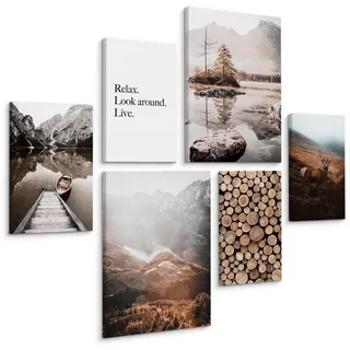 Muralo Leinwandbilder 6-er Set Landschaften 3D , Blau, Grün, Schwarz, Weiß, Beige, Braun, Orange, Grau , Textil , Landschaft/Berg, Baum/Pflanze/Natur, Sprichwort/Zitat, Tiere , Rechteckig , 90x80 cm , Bilder & Rahmen, Bilder