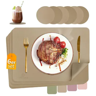HELI MIAO Tischsets Abwaschbar,Platzsets Abwischbar,Tischset Leder,Hitzebeständig Doppelseitigen I 6er Set Platzdeckchen Lederoptik mit Untersetzer,Tischuntersetzer,Platzdecken Gold