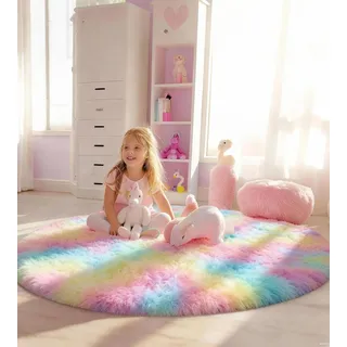 VOFUSHON Teppich Kinderzimmer Rund 100 cm Regenbogen | Waschbar, Kinderzimmer Mädchen Junge, OEKO-TEX Zertifiziert, Schlafzimmer, Flauschig, Rutschfeste Unterseite