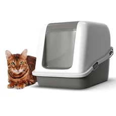 Ella Comfort Katzentoilette mit Haube und Klappentür, hochseitige Katzentoilette mit Abnehmbarer Oberseite, Kohlefilter zur Geruchsbeseitigung (Grau/Weiß, 55 x 39 x 41)