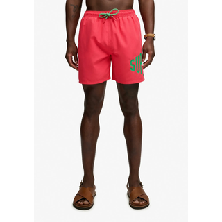 Badeshorts SUPERDRY "PRINTED LOGO 16 SWIM SHORT", Herren, Gr. S, N-Gr, pink (paradise pink), Polyester, unifarben, Badehosen Badeshorts, modische Passform, unifarbenes Design, aus Polyester, pflegeleicht