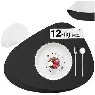 sänger | Untersetzer & Platzsets abwaschbar aus Kunstleder 12 teilig, Platzdeckchen Tischuntersetzer für 6 Personen-rutschfest doppelseitig wasserdicht- Tischset Untersetzer Schwarz Creme 44 * 37cm