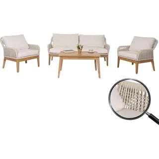 Gartengarnitur HWC-H56b, Lounge-Set Gartenlounge Sofa Sessel Tisch, Seilgeflecht Rope Holz Akazie  creme - Beige