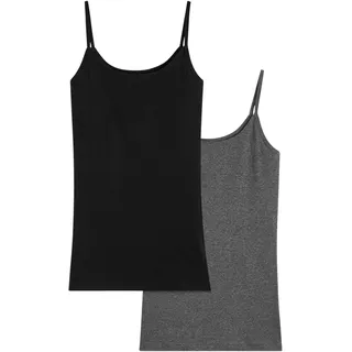Spaghettitop BONPRIX "Spaghettiträger-Top aus reiner Baumwolle, 2er Pack", Damen, Gr. 40/42 (M), schwarz (schwarz, grau meliert), Obermaterial: 50% Baumwolle, 50% Polyester, slim fit, Tops Spaghettitop, figurbetonte Slim-Fit-Passform, ärmelloses Design, in Rippware-Optik