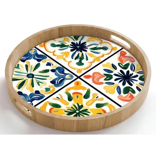 OnlyWow© Serviertablett Servierplatte Eichenholz Servier Tablett Mit Henkel | 50x50 cm - Rund - Serving Tray Kratzfest Kaffeetablett Teetablett Spanisch - Kacheln - Keramik - Blumen
