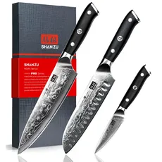 SHAN ZU Damast Messerset, 3-teilig Küchenmesserset aus japanischem Damast Superstahl, professionelles ultrascharfes Kochmesserset mit G10-Griff und Geschenkbox