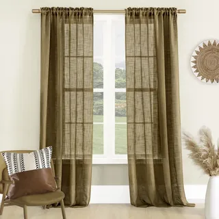 Shineland Rustikale Jute-Vorhänge, 213 cm lang, für Wohnzimmer, warm, Winter, Erdton, durchscheinend, Lodge, Boho, Primitive Dekoration, Jute, Leinen, Tweed, strukturierter Bambusvorhang für Fenster,