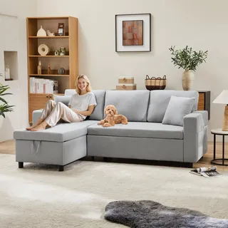 Merax 3-Sitzer Ecksofa mit Schlaffunktion, L-Form Sofa mit Bettkasten, Sofa Seitentasche Wohnlandschft, Schlafsofa Couchgarnitur Bettcouch, Hellgrau - Grau