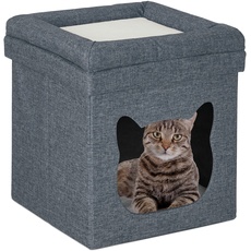 Relaxdays Sitzhocker mit Katzenhöhle, faltbar, HBT: 44x40x40 cm, Kissen, Deckel, kuscheliges Katzenbett, dunkelgrau-weiß