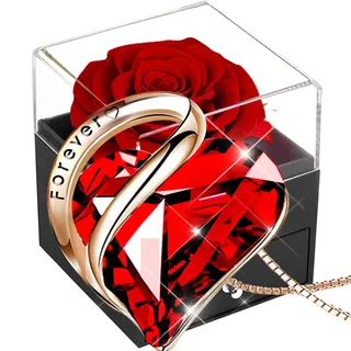 Ewige Rose Box,Infinity Rosen mit Rubin Kette,Konservierte Rote Echte Rose Geschenk,925 Sterling Silber Damen Kristall Herz Halskette,Frauen Anhänger Geschenk am Valentinstag,Weihnacht,Muttertag
