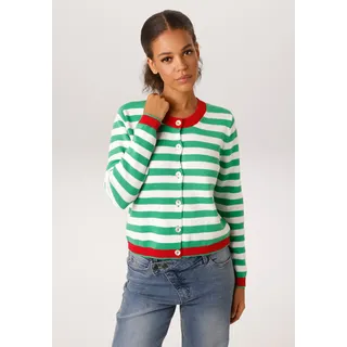 Strickjacke ANISTON CASUAL, Damen, Gr. 38, grün, wollweiß, rot, Strick, Obermaterial: 100% Baumwolle, gemustert, geringelt, gestreift, figurumspielend hüftlang, Rundhals, Rippstrickbündchen, Strickjacken Strickjacke, im trendigen Streifen-Dessin - NEUE KOLLEKTION, Topseller