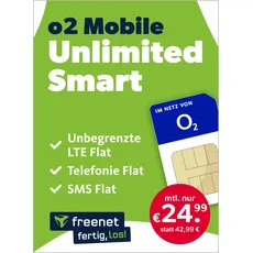 freenet o2 Mobile Unlimited Smart – Handyvertrag 24 Monate mit Internet Flat, Flat Telefonie und EU-Roaming – Aktivierungscode per E-Mail