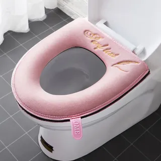 2 Stück dickere Badezimmer-Toilettensitzbezüge mit Griff, WC-Deckelbezug, Kissen, weich, dicker, waschbar, passend für alle ovalen WC-Sitze, rosa - Rosa