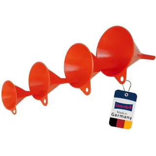 hünersdorff Trichter-Set 4-teilig, Rot | Robuste Einfülltrichter aus bruchsicherem HD-PE mit Entlüftungsrippen & Aufhängeöse – Chemikalienbeständig für Küche, Bad & DIY