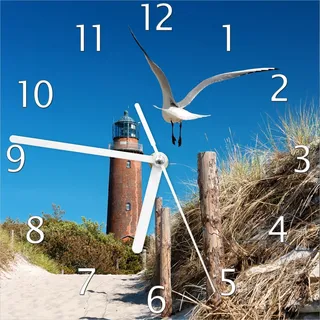 Wallario Design Wanduhr Möwe am Strand mit Leuchtturm aus Echtglas, Größe 20 x 20 cm - Blau