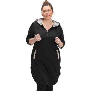 Ulla Popken Damen Sweatkleid, Punkte, Kapuze, 3/4-Arm Kleid, schwarz, 50-52