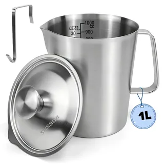 WJMY Messbecher 1L Edelstahl mit Deckel Metall Messbecher mit Griff | Unzen- und ML-Skala 304 Edelstahl für Milchkännchen, Kaffeekanne, Eiskübel, Spülmaschinenfest, Silber