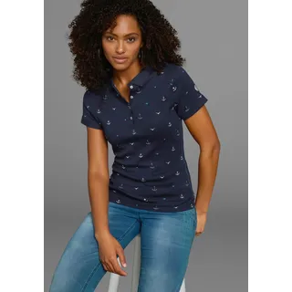 Poloshirt KANGAROOS, Damen, Gr. 36/38, blau (marine, bedruckt), Rippware, Obermaterial: 100% Baumwolle, bedruckt, sehr figurbetont hüftlang, Flachstrickbündchen, Shirts Poloshirt, Kurzarm, sehr figurbetont, mit Allover-Druck, aus 100% Baumwolle, Topseller