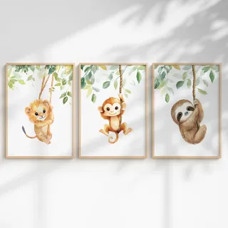 Generisch 3er Dschungel Poster-Set fürs Babyzimmer A4 A3 - Bilder Safaritiere: Elefant Faultier, Nilpferd, Giraffe, Löwe, Zebra, Panda fürs Kinderzimmer (Safari Lianen, DIN A3, Ungerahmt)