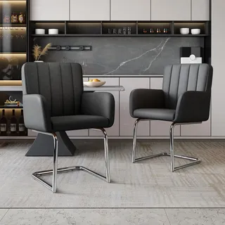 Flieks Polsterstühle 2er Set, Esszimmerstühle Freischwinger 2er Set, Besucherstühle Arbeitsstühle mit Armlehnen und Metallbeinen, PU, Schwarz Braun - Schwarz