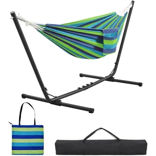 Yaheetech Hängematte mit Gestell, Verstellbarer Doppelhängematte 294/304/314cm mit Stabiler Rahmen, bis 205 kg Belastbar, Großzügige 2-3 Personen Hammock für Indoor & Outdoor, Blau-Grüner Streifen