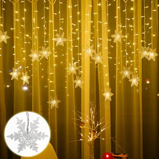 Schneeflocke Lichterkette 94LEDs Lichtervorhang Warmweiß Innen 8 Modi IP44 Deko Für Weihnachten Fenster Balkon Garten Party - Weiß