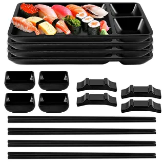 YAYODS 16-tlg. Japanisches Sushi Set Schwarz - Japanese Geschirr aus Melamin Enthält 4 Parr Sushi Stäbchen, 4 Sushi Teller (22 x 12,5 x 2,1 cm), 4 Dipschalen, 4 Stäbchenhalter