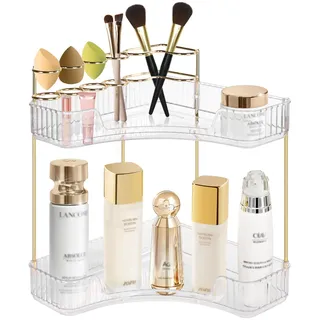 Make-up-Organizer: Eck-Organizer, transparent, 2 Ebenen, für Hautpflege, verstellbar, multifunktional, Make-up, für Badezimmer, Schminktisch